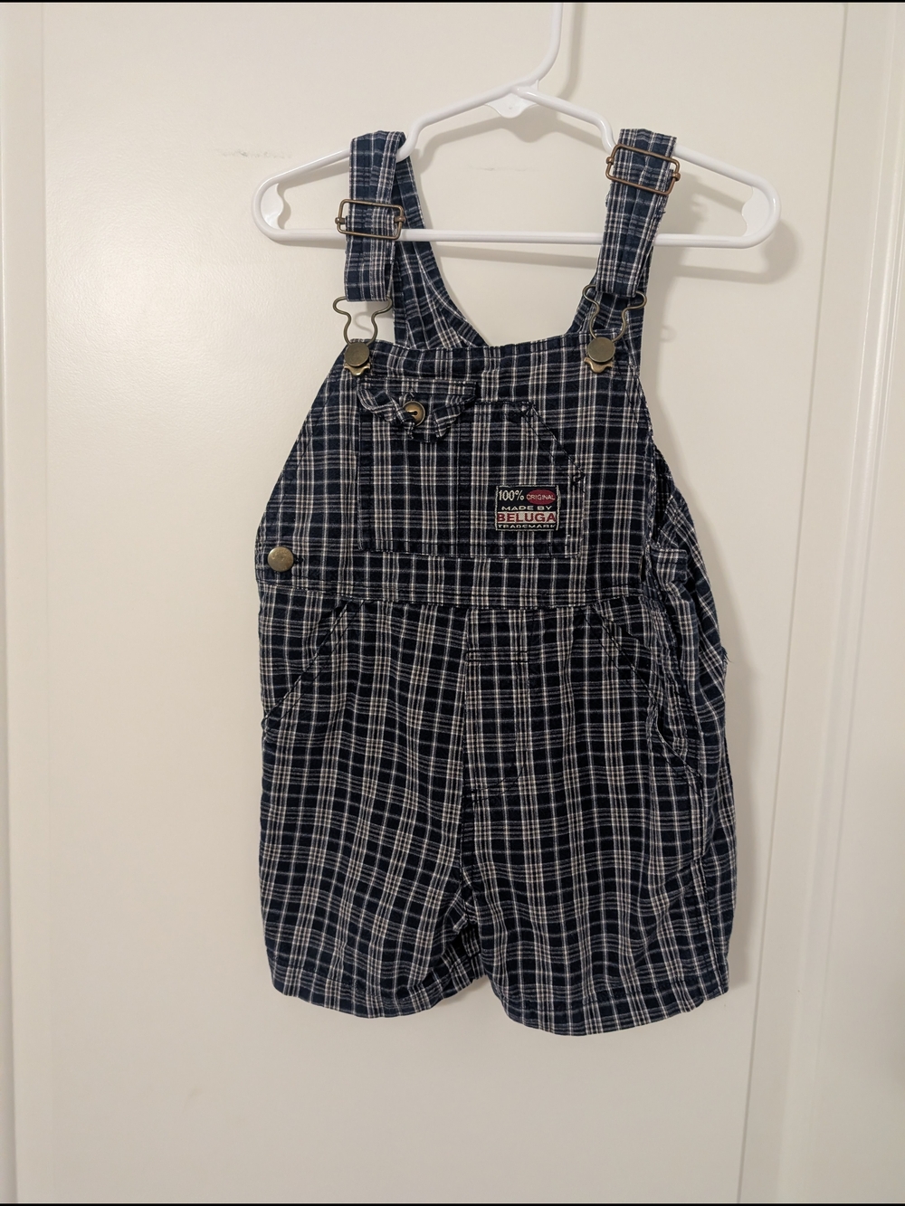 Vintage Navy and White Plaid Short Overalls